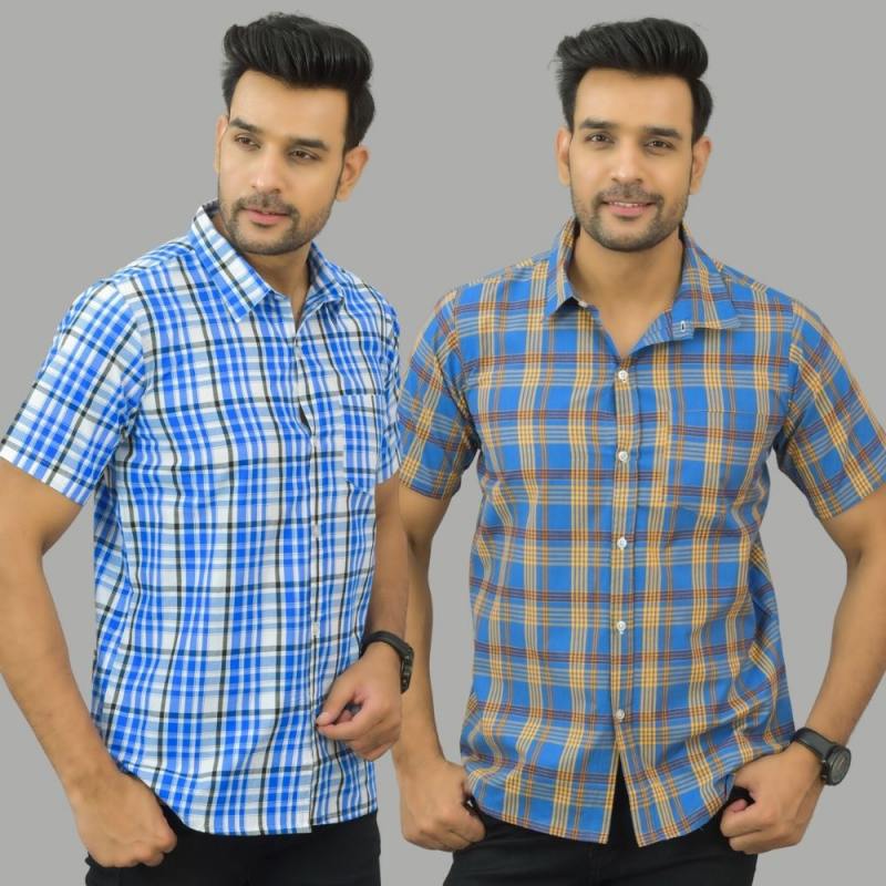 Combo of 2 Men Cotton Checks Shirts White and Blue