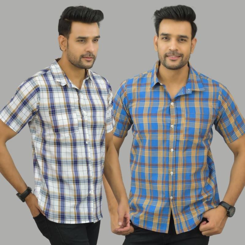 Combo of 2 Men Cotton Checks Shirts White and Blue