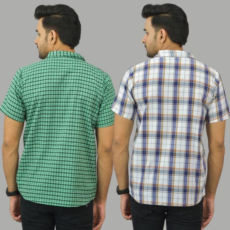 Combo of 2 Men Cotton Checks Shirts White and Green