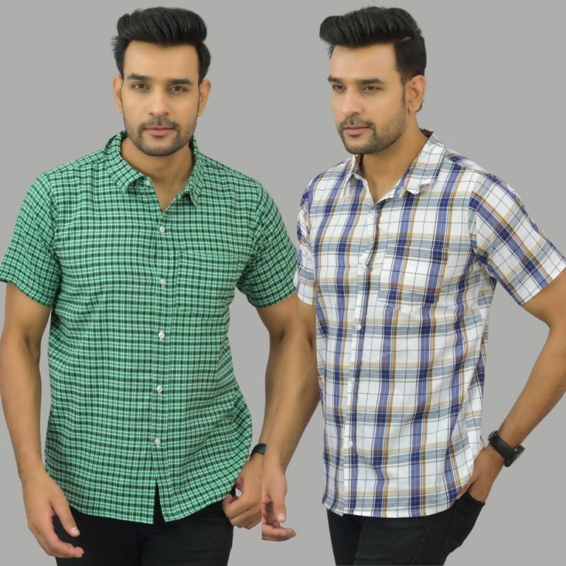 Combo of 2 Men Cotton Checks Shirts White and Green