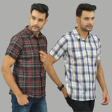 Combo of 2 Men Cotton Checks Shirts White and Maroon