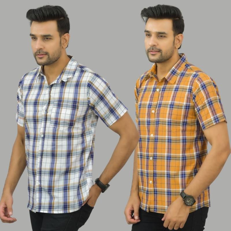 Combo of 2 Men Cotton Checks Shirts White and Mustard