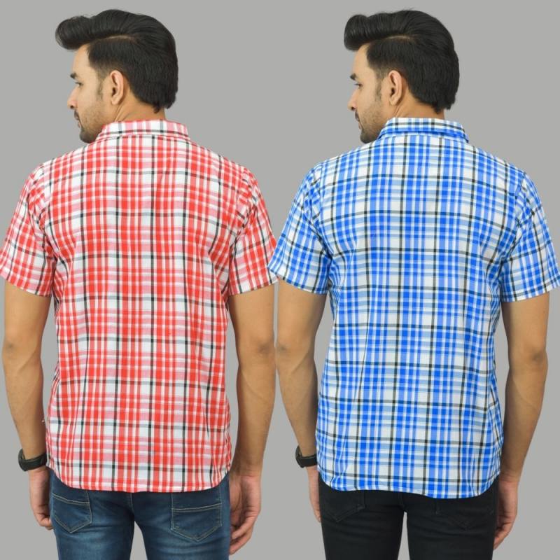 Combo of 2 Men Cotton Checks Shirts White and Pink