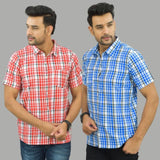 Combo of 2 Men Cotton Checks Shirts White and Pink