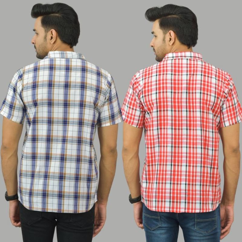 Combo of 2 Men Cotton Checks Shirts White and Pink