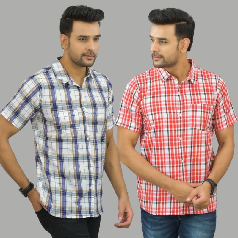 Combo of 2 Men Cotton Checks Shirts White and Pink