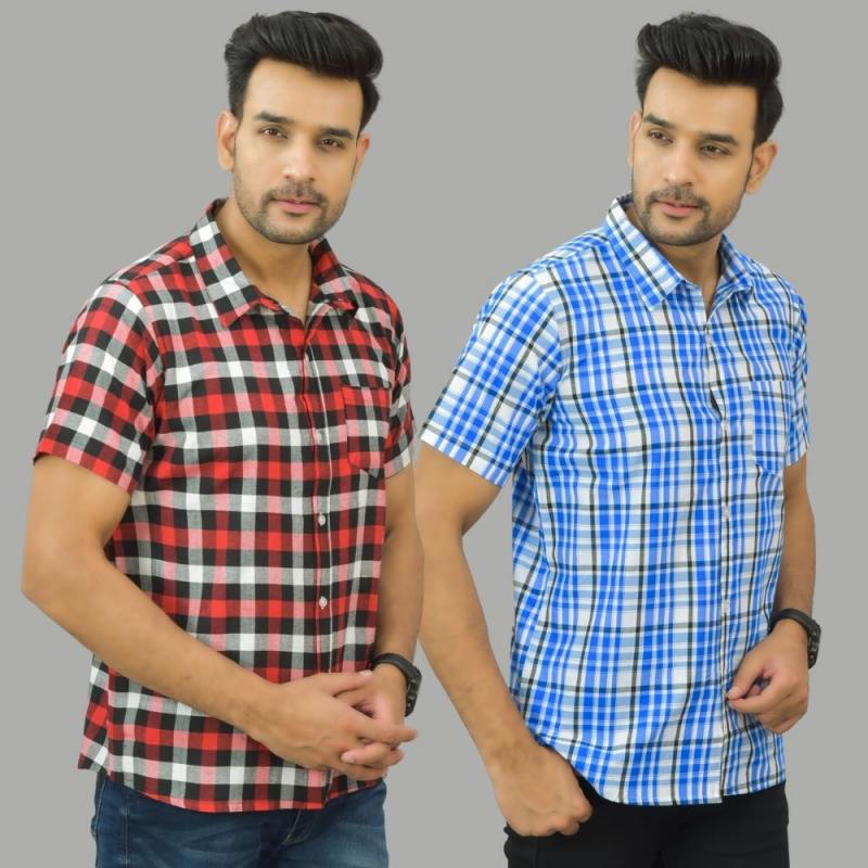 Combo of 2 Men Cotton Checks Shirts White and Red