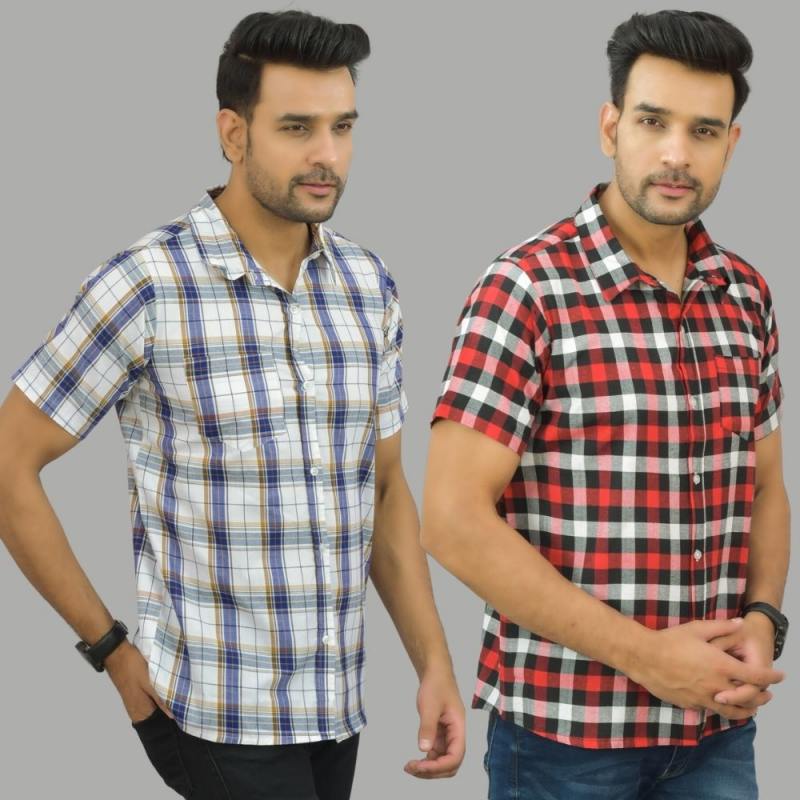 Combo of 2 Men Cotton Checks Shirts White and Red