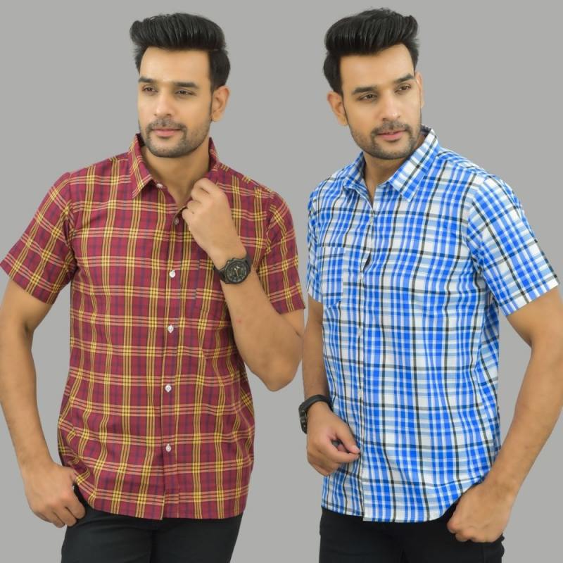 Combo of 2 Men Cotton Checks Shirts White and Red