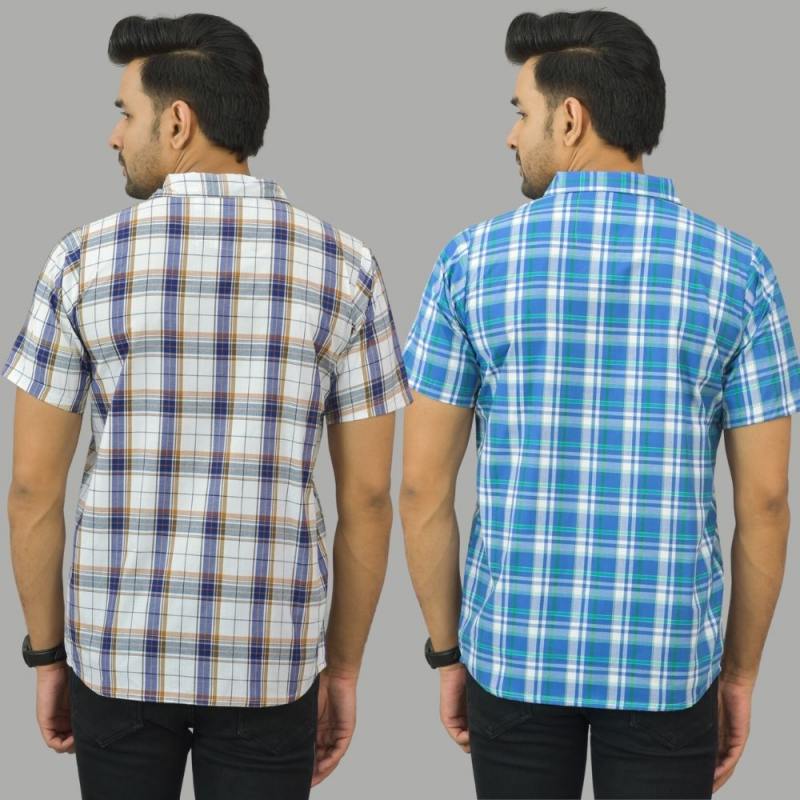 Combo of 2 Men Cotton Checks Shirts White and Sky Blue