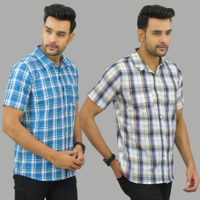 Combo of 2 Men Cotton Checks Shirts White and Sky Blue