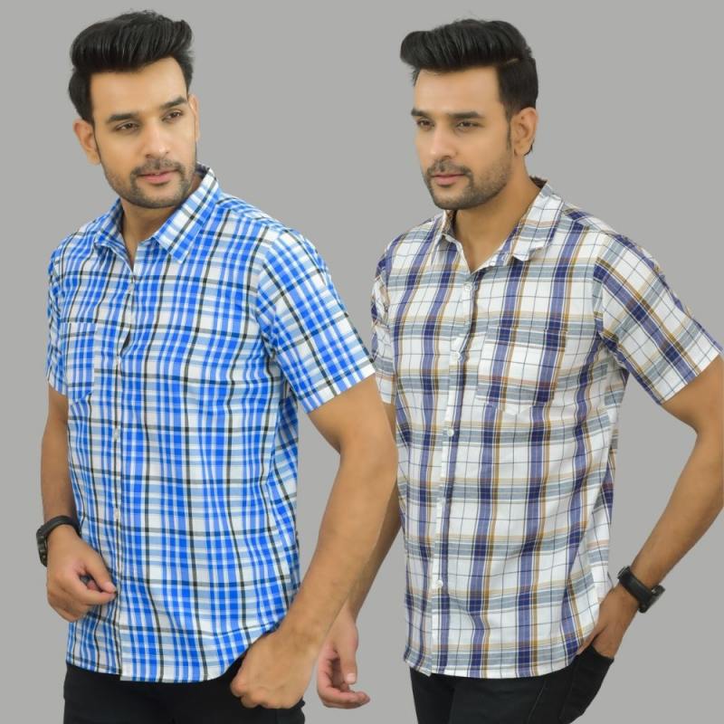 Combo of 2 Men Cotton Checks Shirts White and White