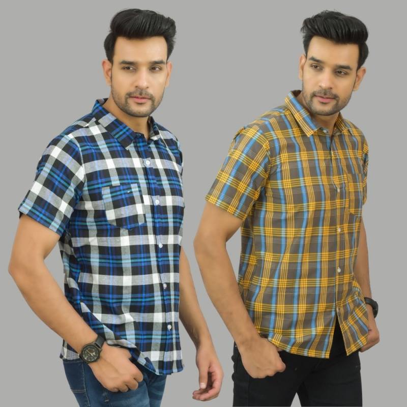 Combo of 2 Men Cotton Checks Shirts Yellow and Blue