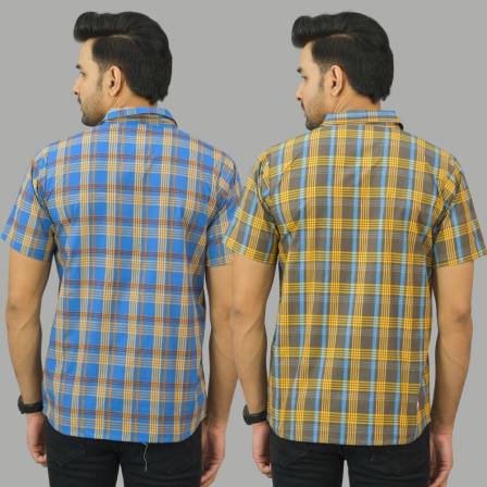 Combo of 2 Men Cotton Checks Shirts Yellow and Blue