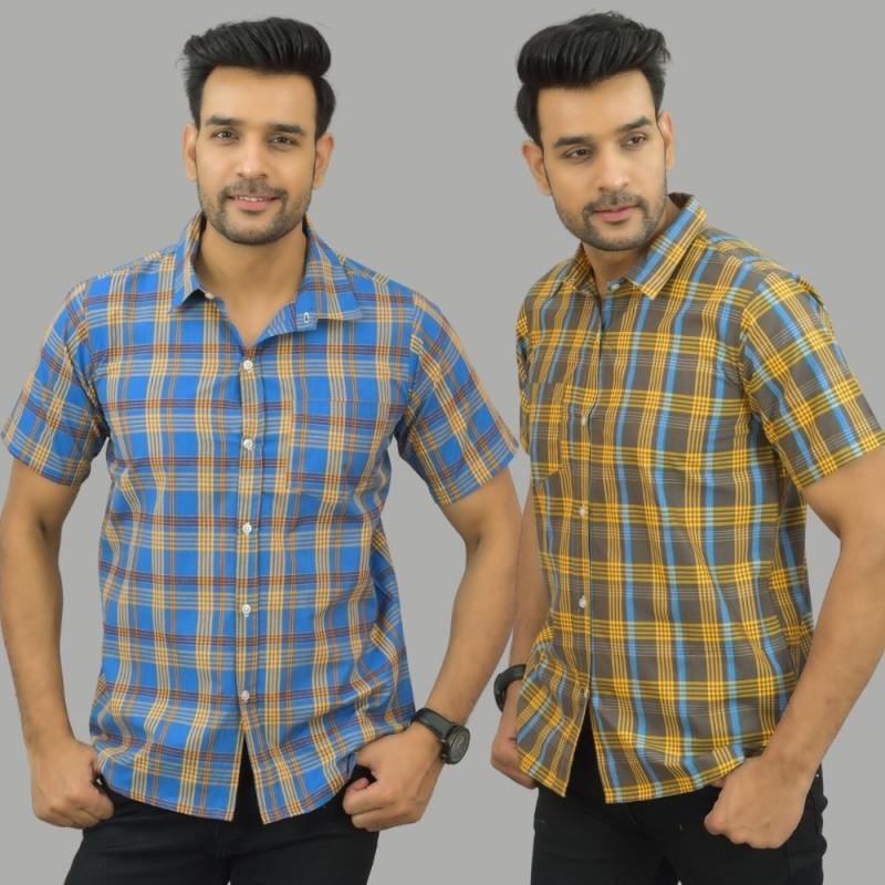 Combo of 2 Men Cotton Checks Shirts Yellow and Blue