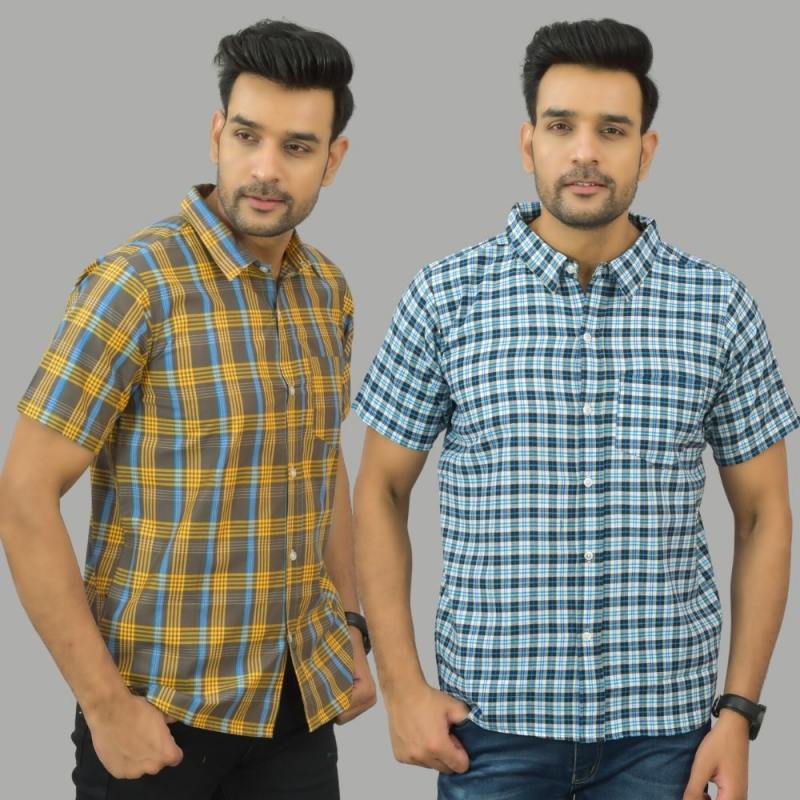 Combo of 2 Men Cotton Checks Shirts Yellow and Blue