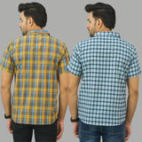 Combo of 2 Men Cotton Checks Shirts Yellow and Blue