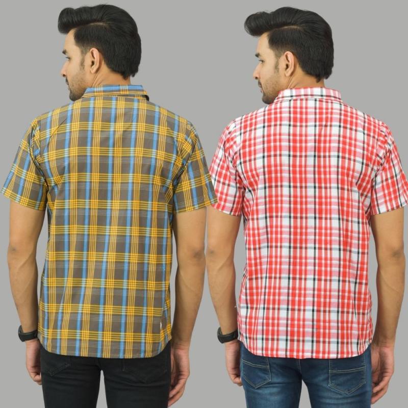 Combo of 2 Men Cotton Checks Shirts Yellow and Pink