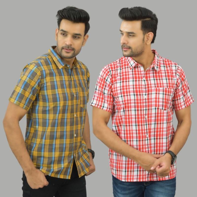 Combo of 2 Men Cotton Checks Shirts Yellow and Pink