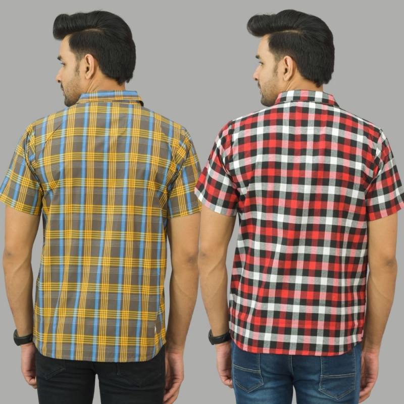 Combo of 2 Men Cotton Checks Shirts Yellow and Red