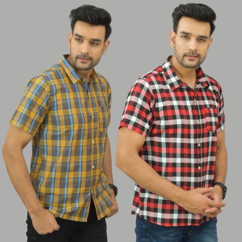 Combo of 2 Men Cotton Checks Shirts Yellow and Red