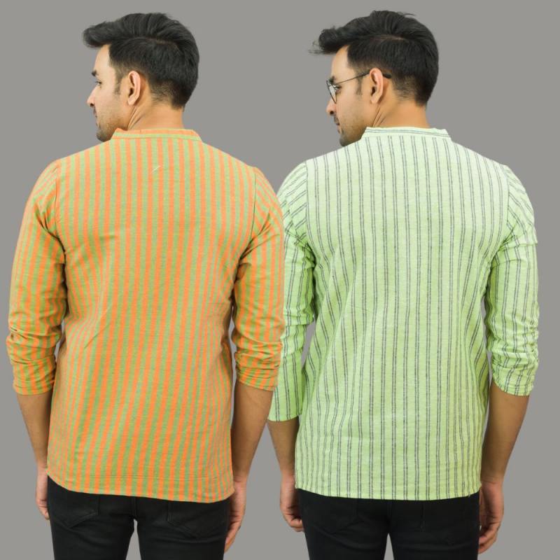 Combo of 2 Men Cotton Stripe Short Kurta Olive Green and Mint Green