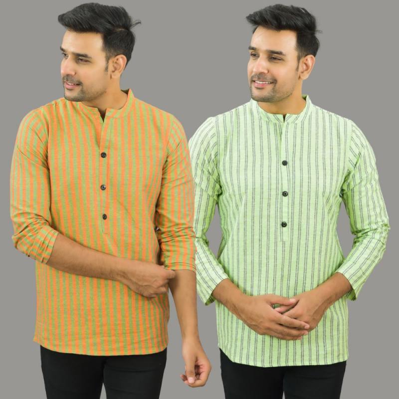 Combo of 2 Men Cotton Stripe Short Kurta Olive Green and Mint Green