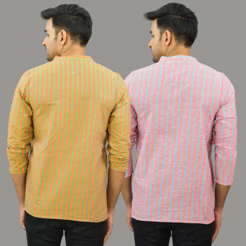 Combo of 2 Men Cotton Stripe Short Kurta