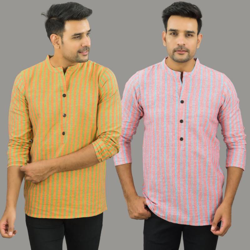 Combo of 2 Men Cotton Stripe Short Kurta