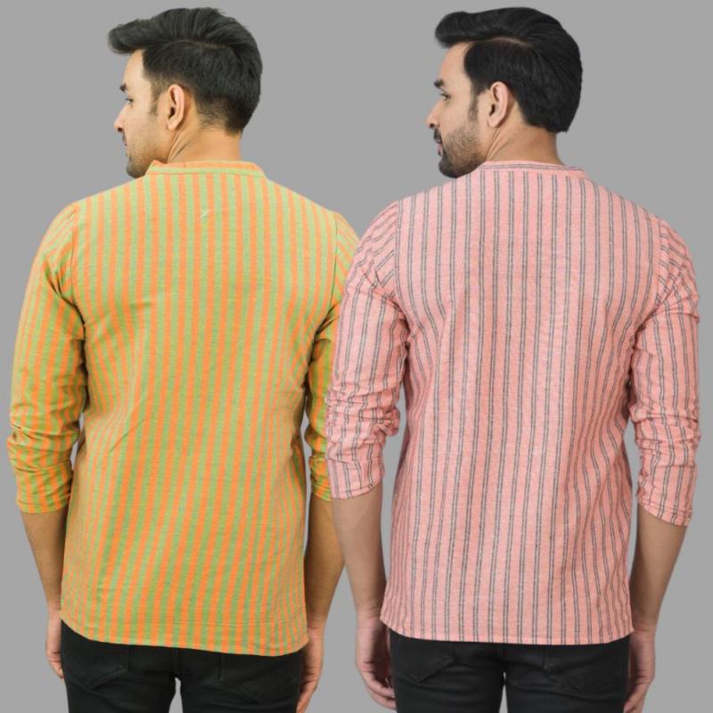 Combo of 2 Men Cotton Stripe Short Kurta Pink and Olive Green