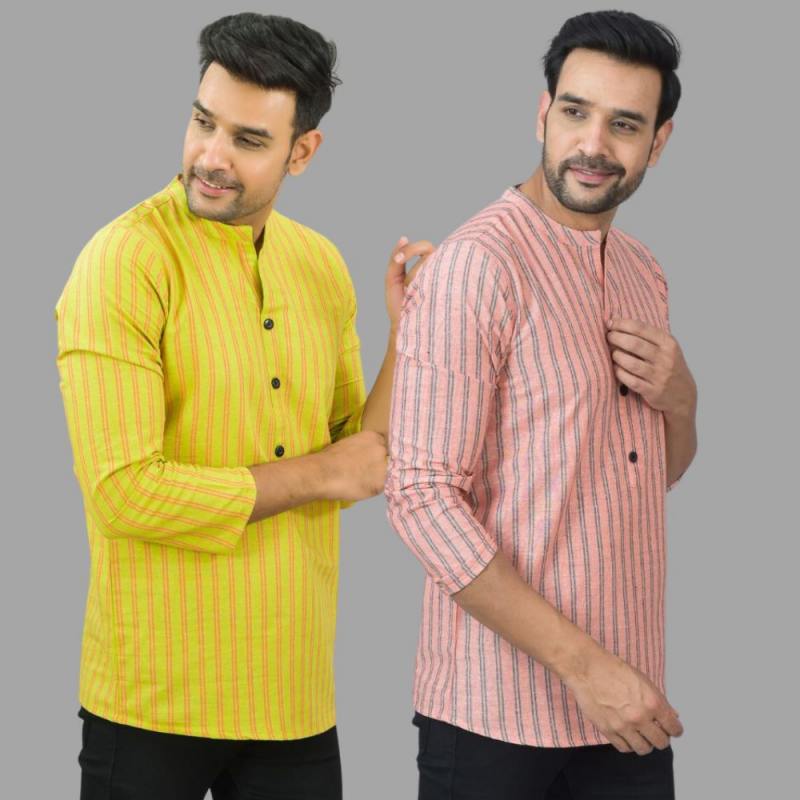 Combo of 2 Men Cotton Stripe Short Kurta