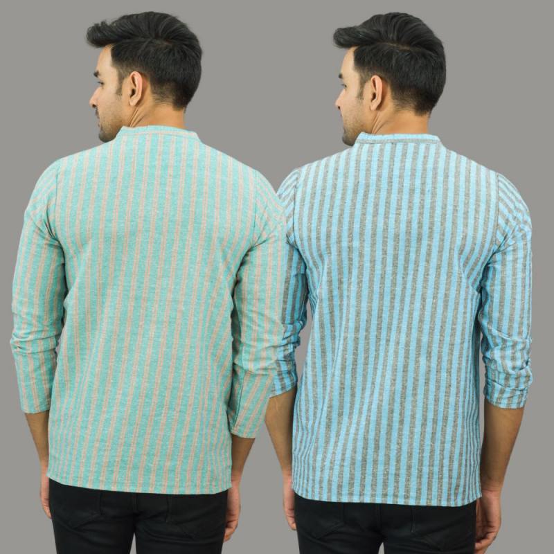 Combo of 2 Men Cotton Stripe Short Kurta Sky Blue and Cyan