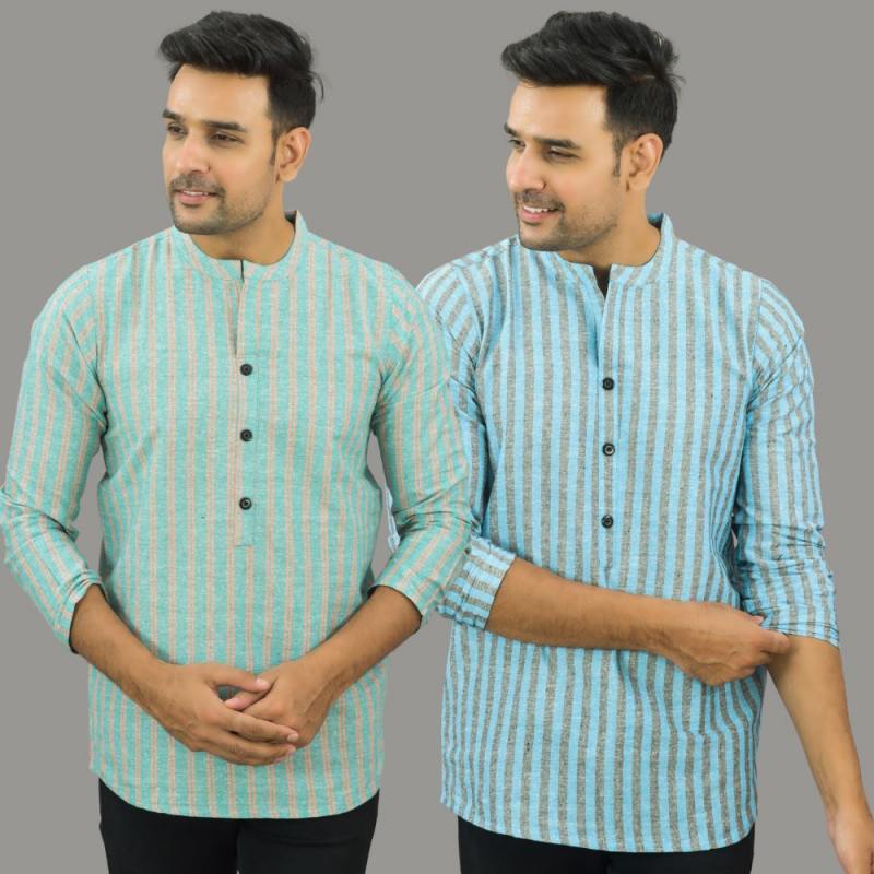 Combo of 2 Men Cotton Stripe Short Kurta Sky Blue and Cyan