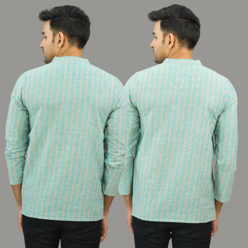 Combo of 2 Men Cotton Stripe Short Kurta Sky Blue and Cyan