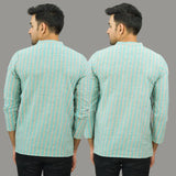 Combo of 2 Men Cotton Stripe Short Kurta Sky Blue and Cyan