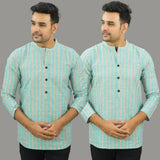 Combo of 2 Men Cotton Stripe Short Kurta Sky Blue and Cyan