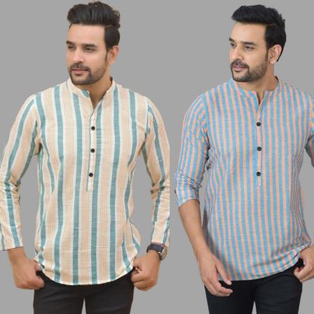 Combo of 2 Men Cotton Stripe Short Kurta Sky Blue and Green