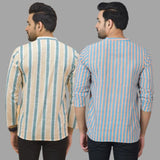 Combo of 2 Men Cotton Stripe Short Kurta Sky Blue and Green