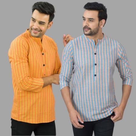 Combo of 2 Men Cotton Stripe Short Kurta Sky Blue and Orange