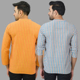 Combo of 2 Men Cotton Stripe Short Kurta Sky Blue and Orange