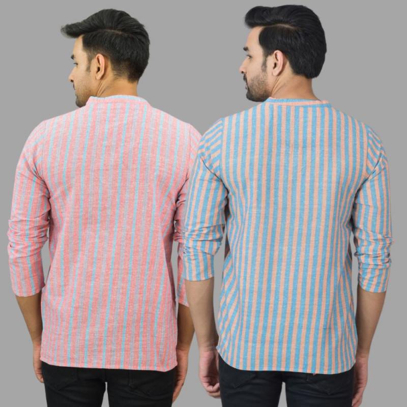 Combo of 2 Men Cotton Stripe Short Kurta Sky Blue and Pink