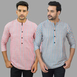 Combo of 2 Men Cotton Stripe Short Kurta Sky Blue and Pink