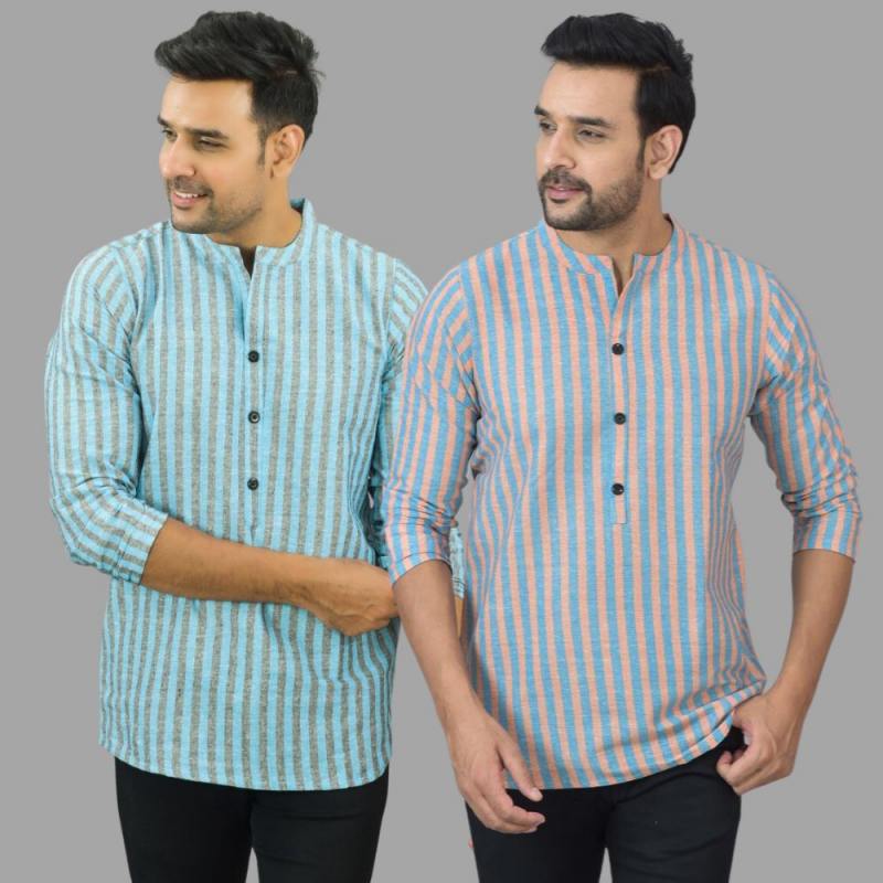 Combo of 2 Men Cotton Stripe Short Kurta Sky Blue and Sky Blue