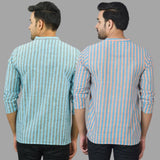 Combo of 2 Men Cotton Stripe Short Kurta Sky Blue and Sky Blue