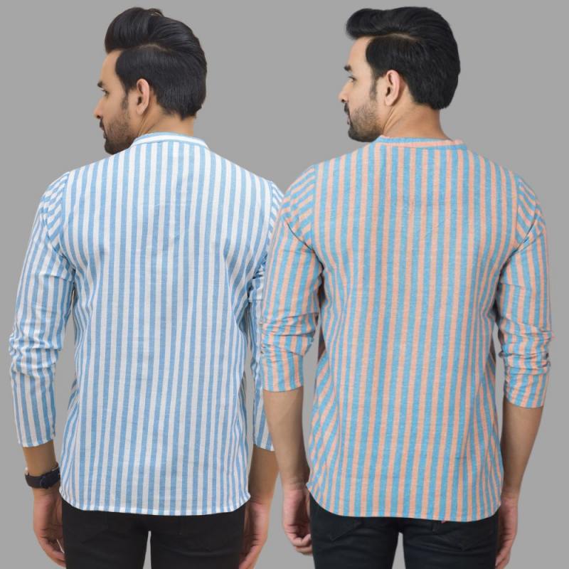 Combo of 2 Men Cotton Stripe Short Kurta Sky Blue and Sky Blue