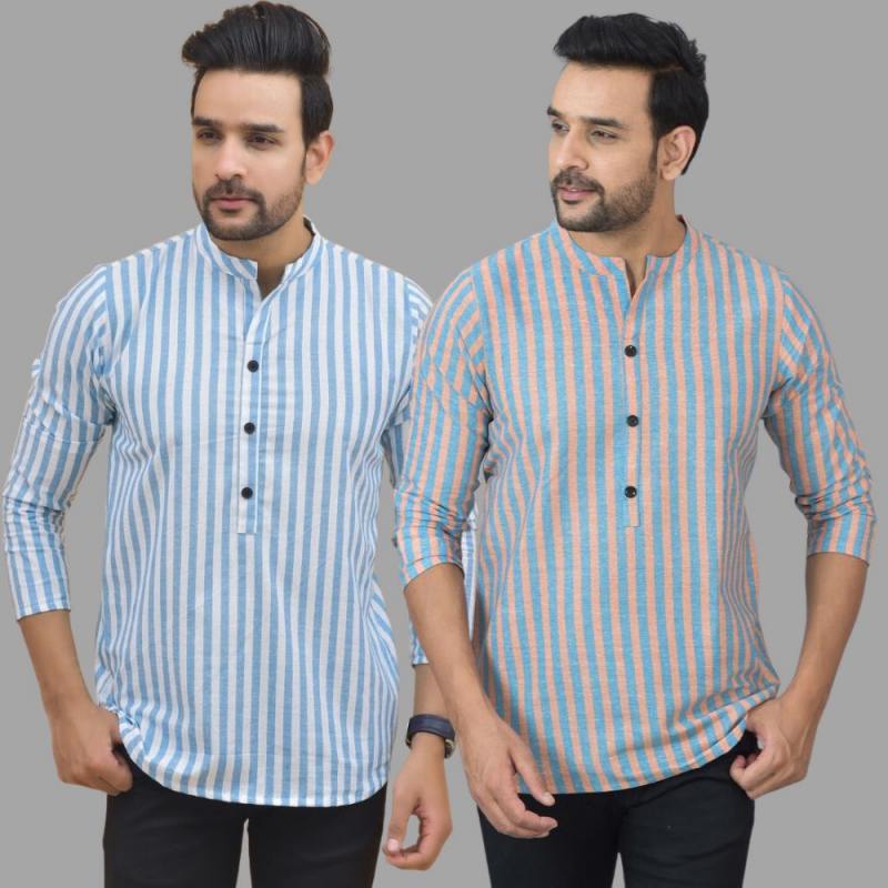 Combo of 2 Men Cotton Stripe Short Kurta Sky Blue and Sky Blue