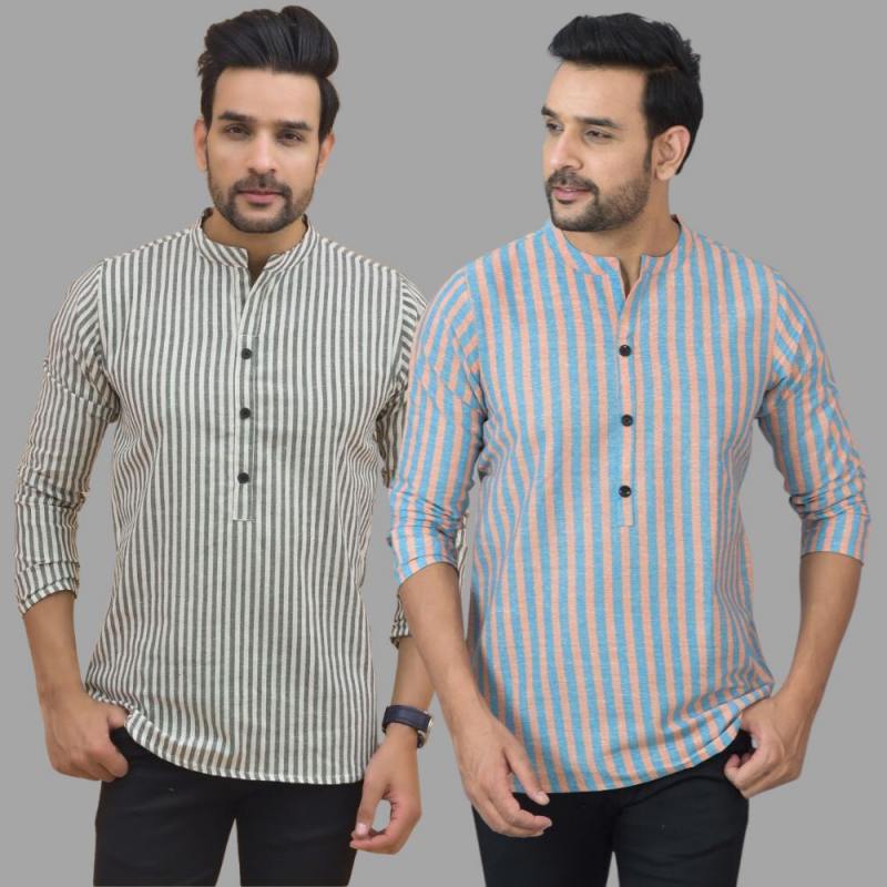 Combo of 2 Men Cotton Stripe Short Kurta