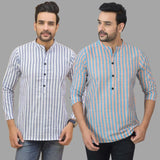 Combo of 2 Men Cotton Stripe Short Kurta Sky Blue and White