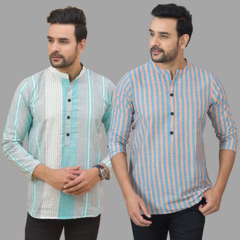 Combo of 2 Men Cotton Stripe Short Kurta