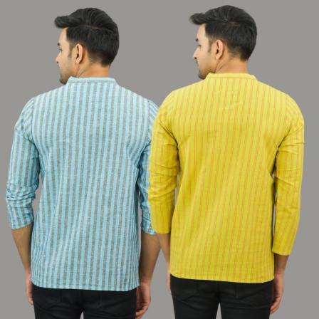 Combo of 2 Men Cotton Stripe Short Kurta Yellow and Sky Blue